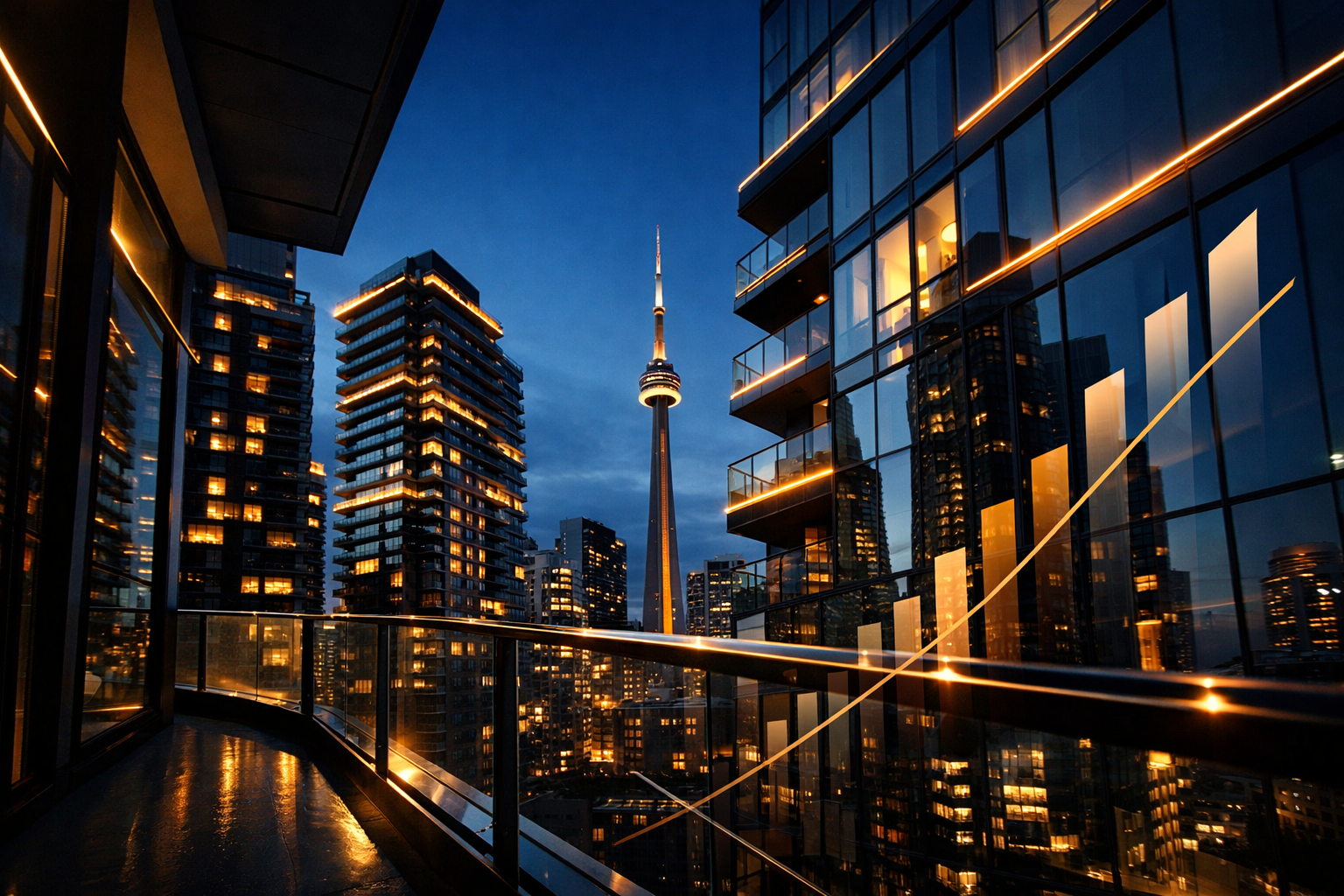 Photorealistic, cinematic architectural scene of Toronto’s condo skyline at blue hour, with the CN Tower in the distance. View from a sleek glass balc